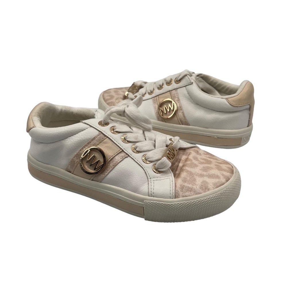 Nine West White Rose Gold Sonia Lace Up Cheetah Print Sneakers Size 1 Girl's
